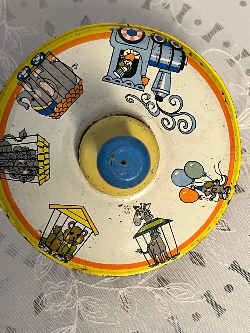Vintage Ohio Arts Tin Spinning Top with Circus Animal Graphics - Yellow & White